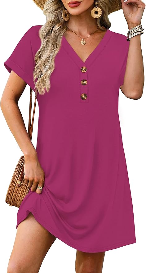 WIHOLL Summer Dresses for Women with Sleeves Midi Dress Button Down Beach Vacation Casual Dresses Fashion Clothing