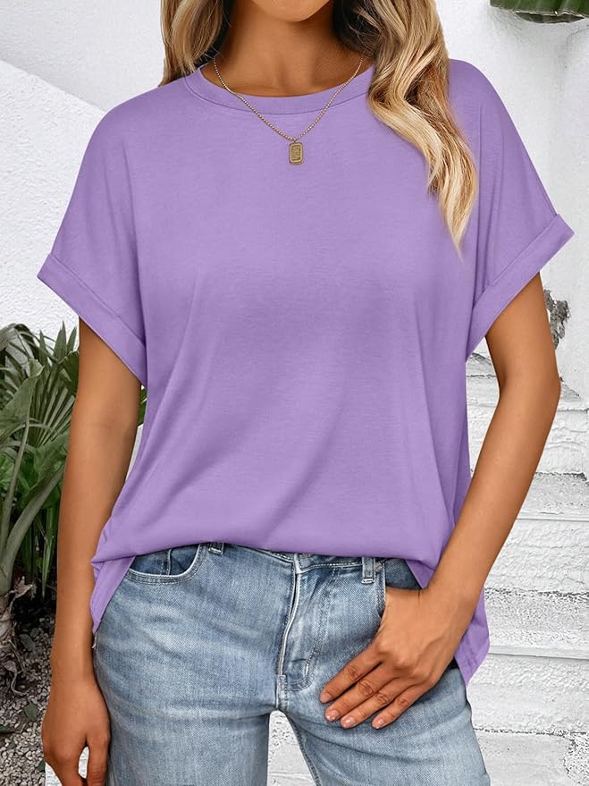 AUTOMET Women's Oversized Short Sleeve T Shirts Casual Drop Shoulder Rolled Cuff Summer Tops for Work, Travel and Lounge