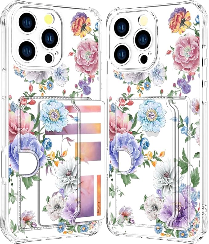 Compatible with iPhone 16 Pro Case Card Holder for Women Cute Design,Wallet Phone Cases Transparent Cool Kawaii Protective (Clear Amazing Lovely Flowers)