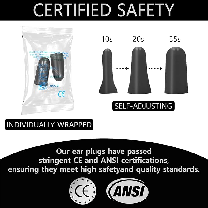 Quality Foam Earplugs 50 Pair- 32dB Noise Cancelling Disposable Individually Wrapped Packaged Bulk High Decibel Ear Plugs for Sleeping Travel Concert Shooting Hunting Study Work Construction Safety