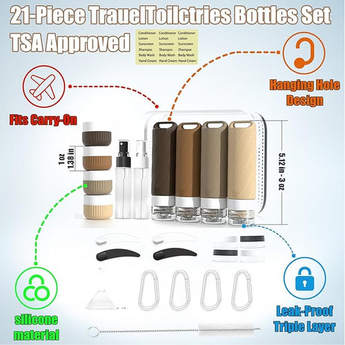26 Pcs TSA Approved Travel Toiletry Bottles Set, Leakproof Silicone Refillable Travel Containers with Hanging Hole & Carabiner, Travel Essentials, for Shampoo Conditioner Lotion Body Wash