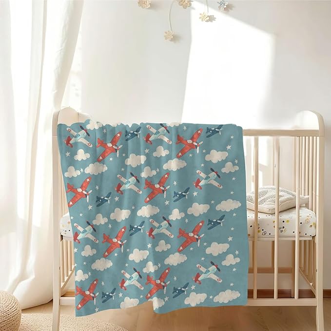 Unisex Cartoon Plane Aircraft Clouds Stars Baby Nursery Throw Gift Blanket for Boys Girls, Plane Transportation Pattern Swaddle Receiving Bed Blanket for Newborn Toddlers Kids-30x40