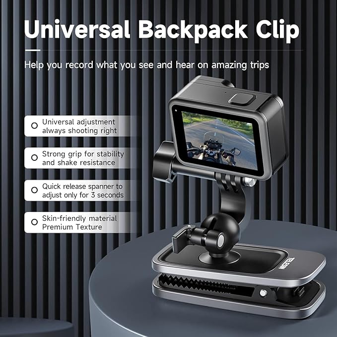 TELESIN Backpack Clip Mount 360 Swivel Ball Joint Shoulder Bag Belt Strap Mounts Accessories for GoPro 13 12 11 10 9 8 7 6 5 Insta 360 X3 Ace Pro Action 3 4 5Pro 6 Pocket 3 Bike Motorcycle Accessory