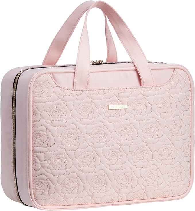 Everfun Hanging Toiletry Bag for Travel, 12x9x4.5 inch Large Capacity Cosmetic Organizer with Leakproof Wet/Dry Compartment, Waterproof Dopp Kit Toiletries Bag for Women Pink