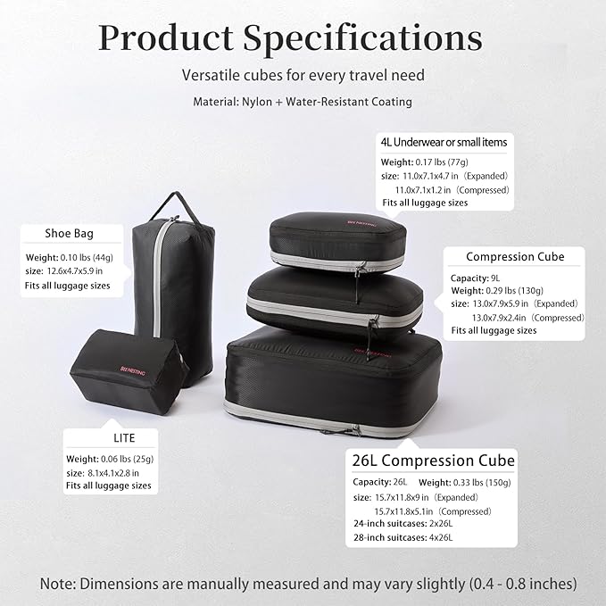 Compression Packing Cubes for Travel-Expandable Luggage Organizers, Water-Resistant Compressible Packing Bags with Clean/Dirty Separation for Carry-on Suitcase & Backpack
