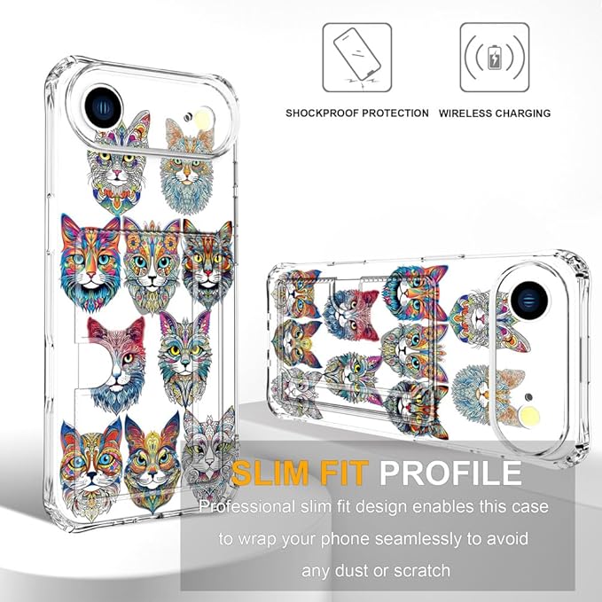 Compatible with iPhone 17 Air Case Card Holder for Women Cute Design,Wallet Phone Cases Transparent Cool Kawaii Protective (Clear Tattoo Cats Animal)