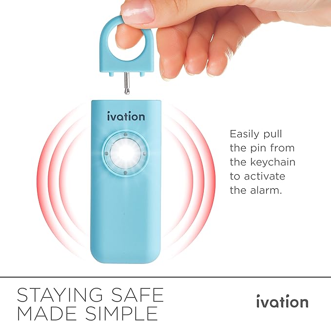 Ivation Personal SOS Alarm Keychain | Self-Defense Safety Siren & LED Panic Strobe Light with Carabiner Clip for Women, Children & Seniors | Pocket Size, Loud 125 dB Sound, Air Travel Friendly