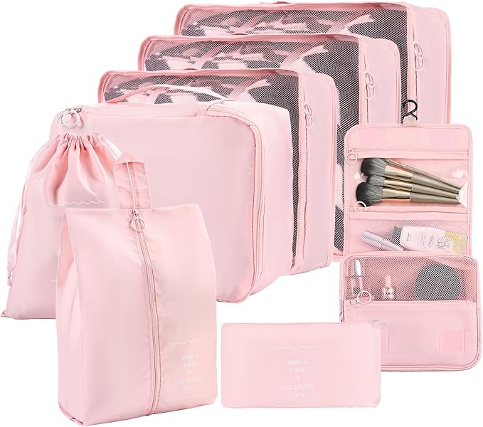 8 Set Compression Packing Cubes for Travel Essentials,Suitcase Organizer Bags, Carry-On Luggage Accessories with Laundry & Toiletry Bag, Road Trip & Camp Gifts for Men and women（pink）