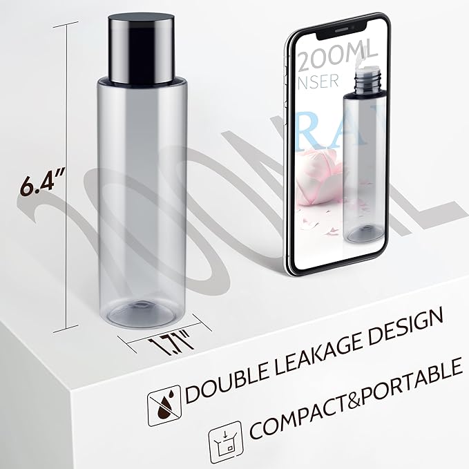 ZEJIA 200ML/6.8OZ Travel Size Toiletries, 3 Pack Travel Size Containers, Leak Proof Plastic Bottles for Shampoo, Lotion, Body Wash with 6pcs Labels
