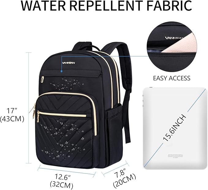 VANKEAN Laptop Backpack for Women, Laptop Computer Bag Travel Backpack Purse,Waterproof Work Business Backpack College Teacher Bags, Black