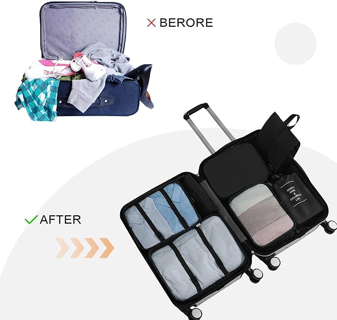 Vercord 8 Set Travel Packing Pods Luggage Organizers Cubes with Laundry Bags Accessories