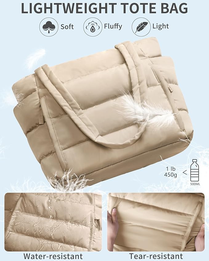 Bagstellar Puffer Tote Bag for Women, Lightweight Puffy Work Handbag Teacher Nurse Quilted Shoulder Bag for School Travel Gym | Cloud Bag w/ Zipper, Daily College Bags, 15.6" Computer Bag, Clinical Nursing Bag, 40 OZ Tumbler Holder, Ideal Gift for Women