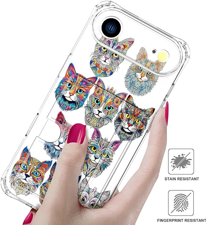 Compatible with iPhone 17 Air Case Card Holder for Women Cute Design,Wallet Phone Cases Transparent Cool Kawaii Protective (Clear Tattoo Cats Animal)