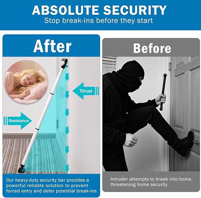 Heavy Duty Sliding Door Security Bar, Adjustable 23"-47" Security Window Stopper Jammer for Home & Travel, Door Lock Stick Bar with Anti-Slip 360° Base Fits All Floors, Hotel/Apartment Safety Device