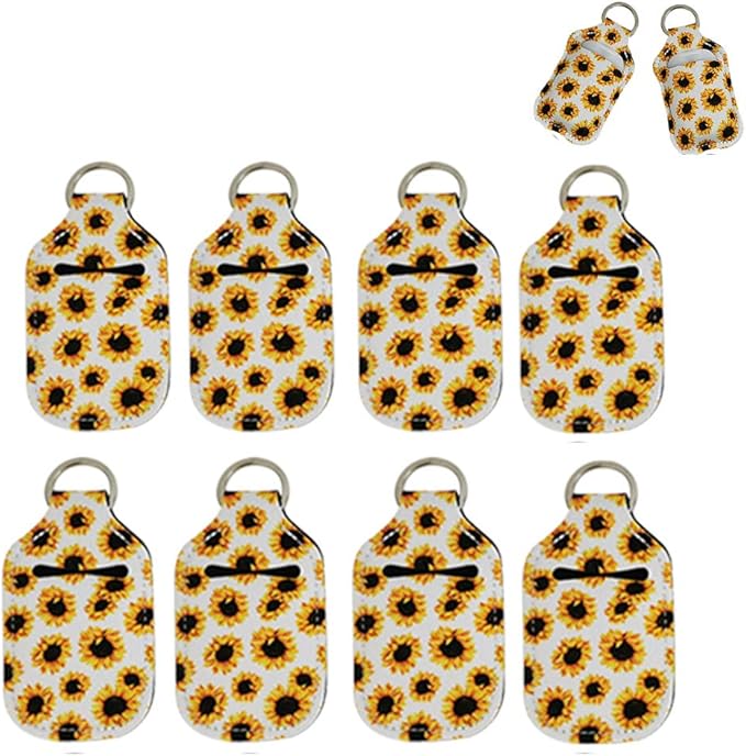 4 Piece Hand Sanitizer Bottle Holder Keyring Neoprene Keychain for 30ML Gym Shampoo Lotion Soap Perfume and Liquids Travel Containers,White Sunflower