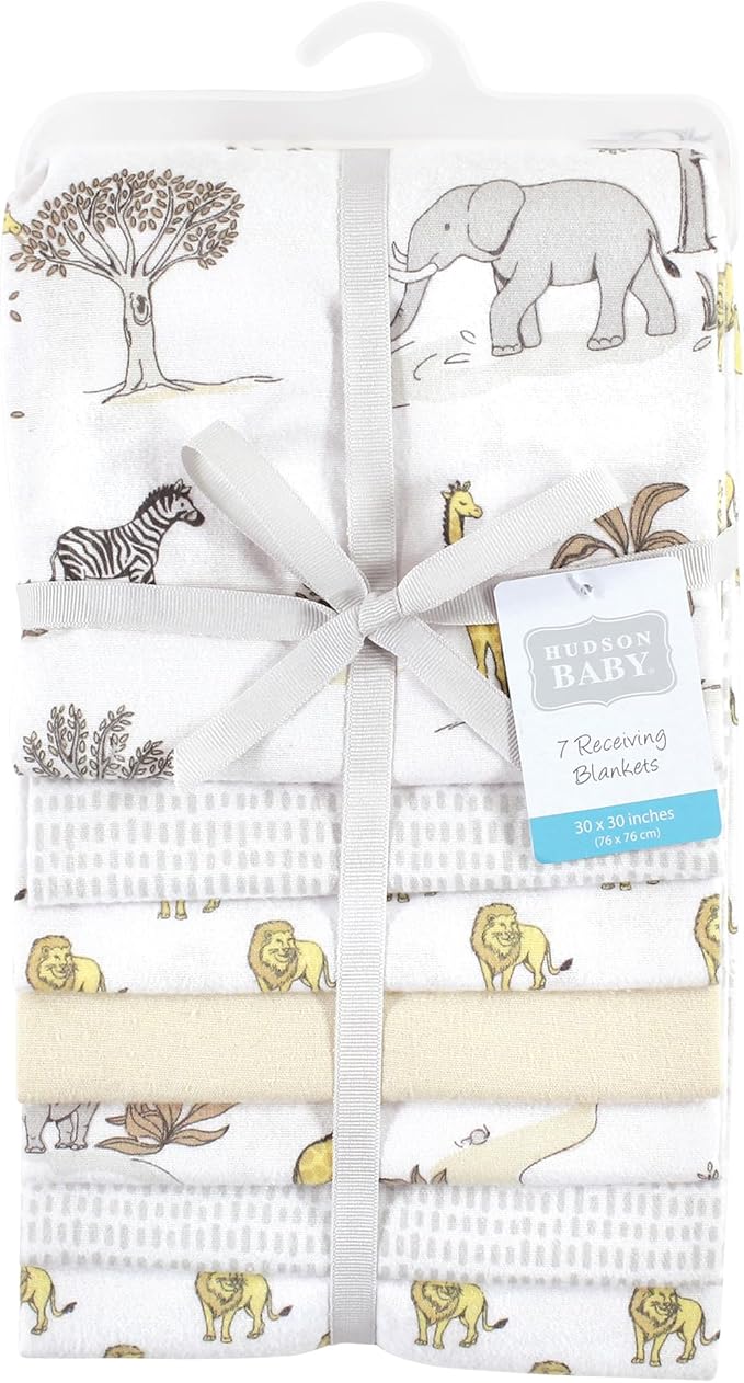 Hudson Baby Unisex Baby Cotton Flannel Receiving Blankets Bundle, Neutral Safari World, One Size