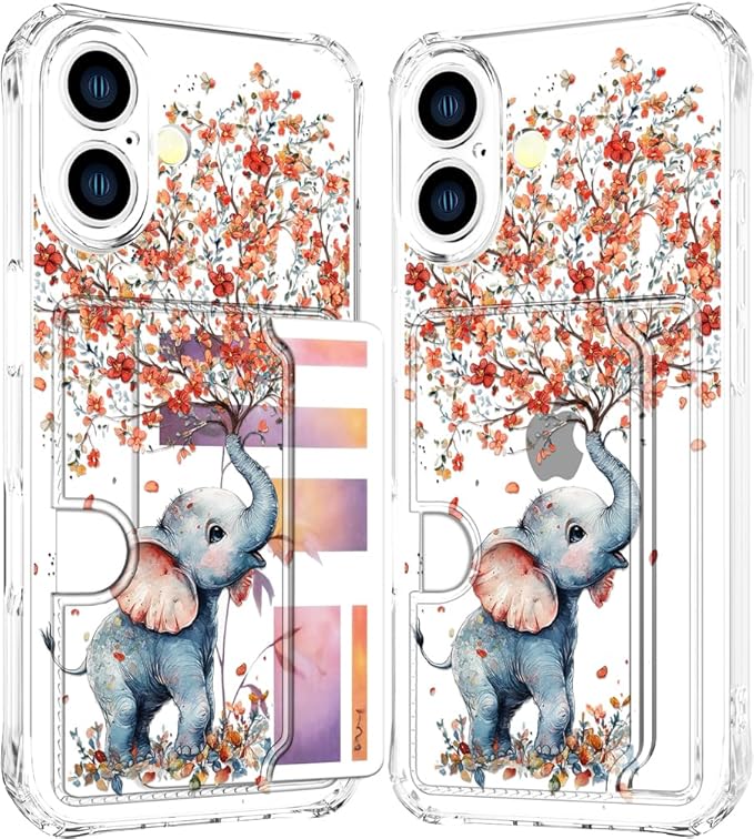 Compatible with iPhone 17 Case Card Holder for Women Cute Design,Wallet Phone Cases Transparent Cool Kawaii Protective (Clear Elephant Creating Flowers)