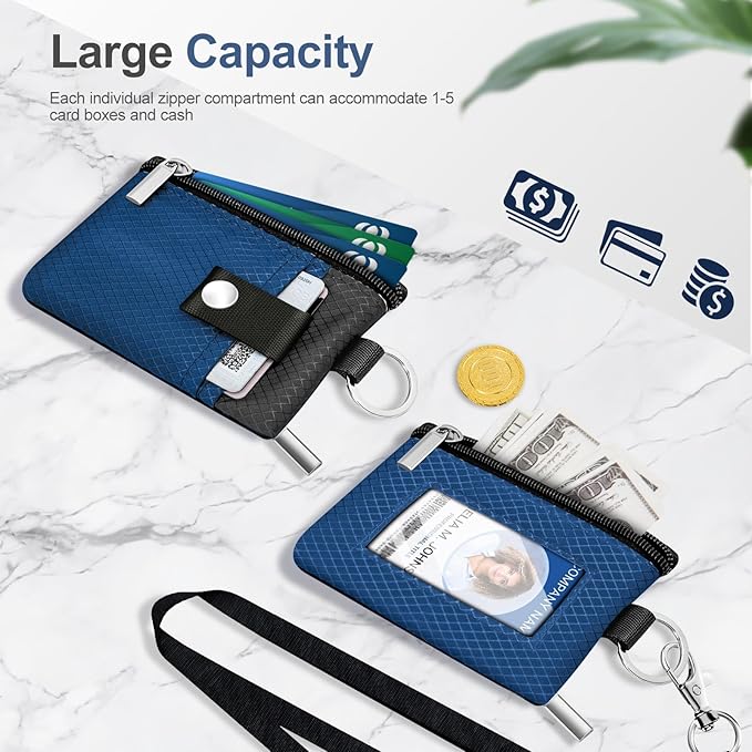 Minimalist RFID Blocking Small Wallet with ID Window,WaterResistant Zip Id Case Wallet with Lanyard Keychain for Cards,Cash,Travel,Women,Men (Electric Blue/DarkGrey)