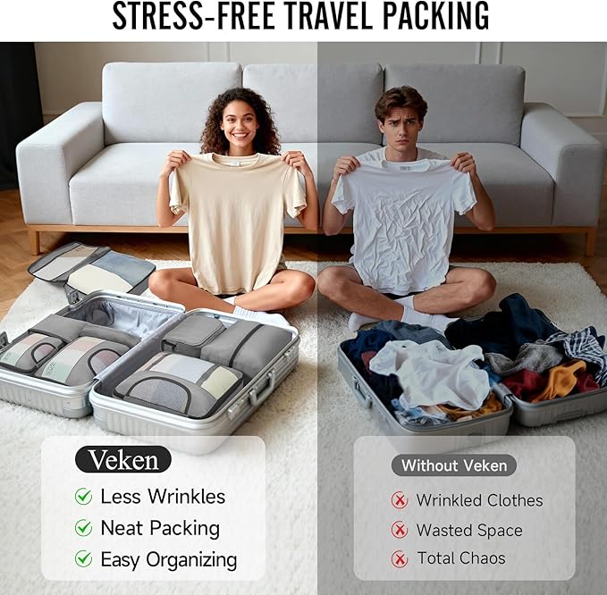 Veken 10 Set Packing Cubes for Travel Essentials, Suitcase Organizer Bags in 4 Sizes, Carry-On Luggage Accessories with Large Laundry Bag & Passport Holder, Must-Have for Airplane, Road Trip & Camping