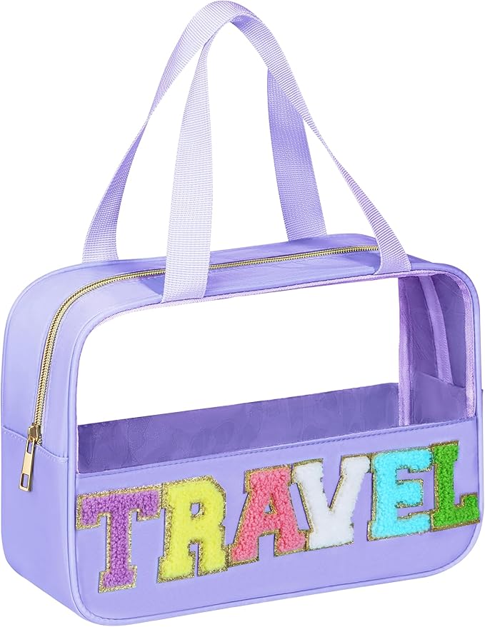 BuyCard Chenille Letter Patch Clear Travel Bags, Preppy PVC&Nylon Makeup Bag with Handle and Zipper, Waterproof Large Clear Travel Toiletry Bag Storage Bag for Women Girls