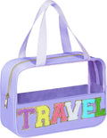 BuyCard Chenille Letter Patch Clear Travel Bags, Preppy PVC&Nylon Makeup Bag with Handle and Zipper, Waterproof Large Clear Travel Toiletry Bag Storage Bag for Women Girls