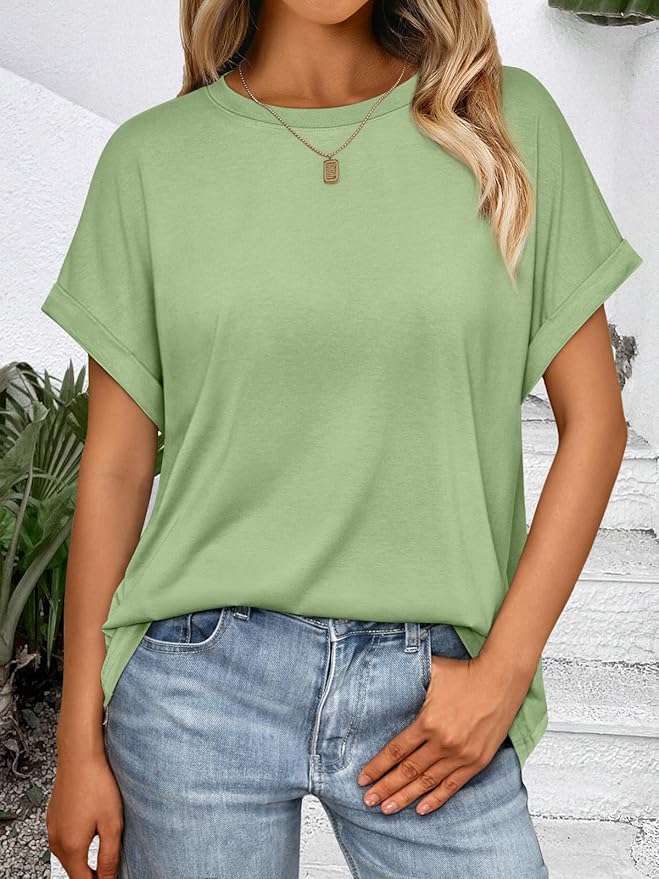 AUTOMET Women's Oversized Short Sleeve T Shirts Casual Drop Shoulder Rolled Cuff Summer Tops for Work, Travel and Lounge