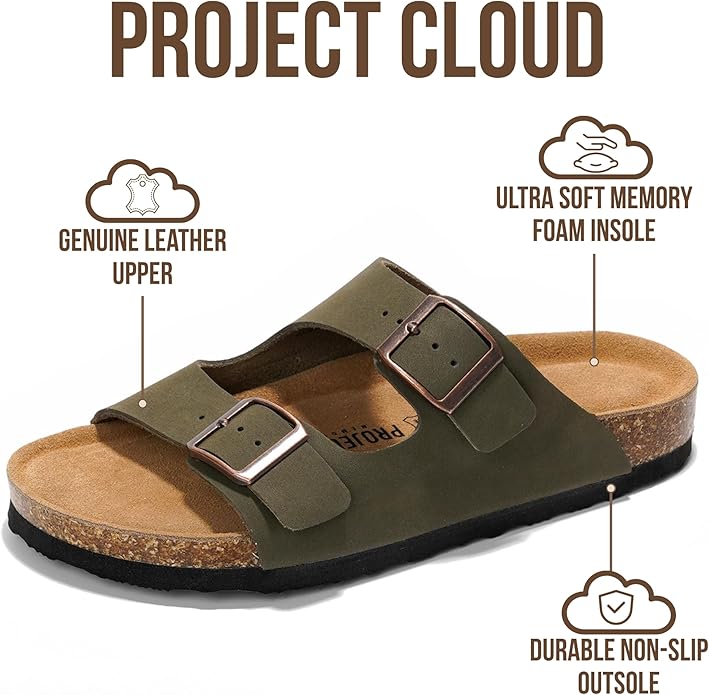 Project Cloud 100% Genuine Leather Flat Sandals For Women 2026 Cork Footbed Womens Sandals with Memory Foam and arch support Vacation Essentials Slides for Women Footwear (Venita)