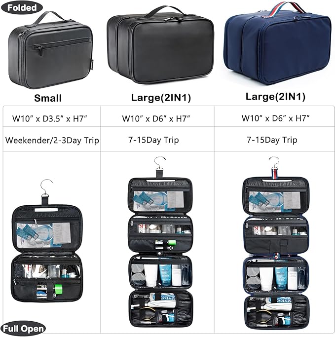 BAGSPRITE Large Hanging Toiletry Bag for Men and Women - Water-Resistant Travel Toiletry Bag - Makeup Cosmetic Bag Travel Organizer for Accessories, Shampoo, Full-size Container
