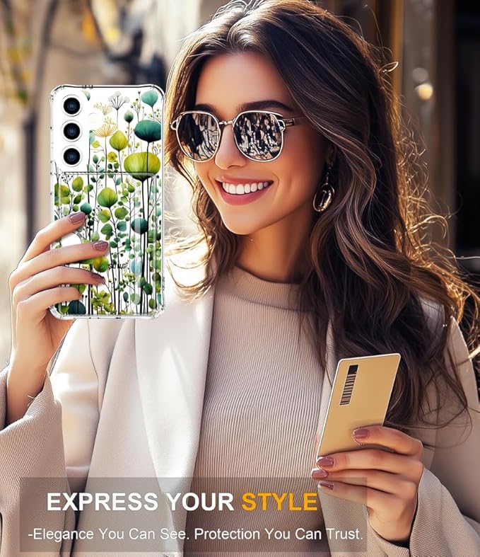 Compatible with Samsung Galaxy S24 / S25 Case Card Holder for Women Cute Design,Wallet Phone Cases Transparent Cool Kawaii Protective (Clear Green Flower Leaves Buds)