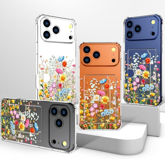 Compatible with iPhone 17 Pro Case Card Holder for Women Cute Design,Wallet Phone Cases Transparent Cool Kawaii Protective (Clear Flowers Herbs Wild Plants)