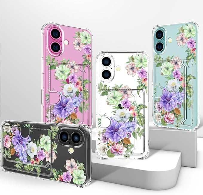 Compatible with iPhone 17 Case Card Holder for Women Cute Design,Wallet Phone Cases Transparent Cool Kawaii Protective (Clear Impressive Flowers)