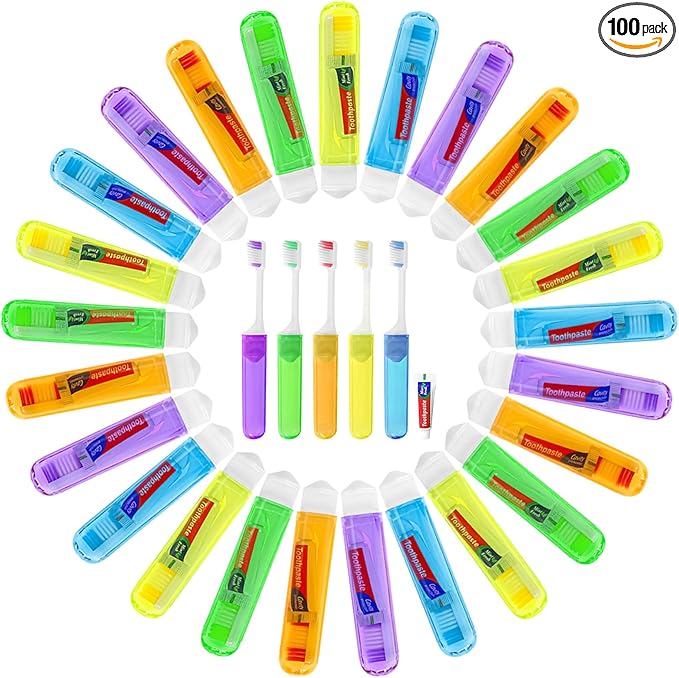 Travel Toothbrush, Toothbrush and Toothpaste Travel Set, Individually Packaged, Includes Storage Case, Foldable Design, 5 Colors, Ideal for Business Trips, and Hotels (100-PACK)