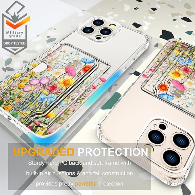 Compatible with iPhone 16 Pro Case Card Holder for Women Cute Design,Wallet Phone Cases Transparent Cool Kawaii Protective (Clear Flowers Herbs Wild Plants)