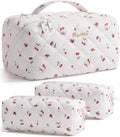 Travel Makeup Bag, 3 Pcs Large Capacity Puffy Toiletry Bag for Women, Open Flat Quilted Make up Cosmetic Organizer w/Handle & Clear Divider Water-resistant Portable Pouch Travel Essentials, L-Cherry