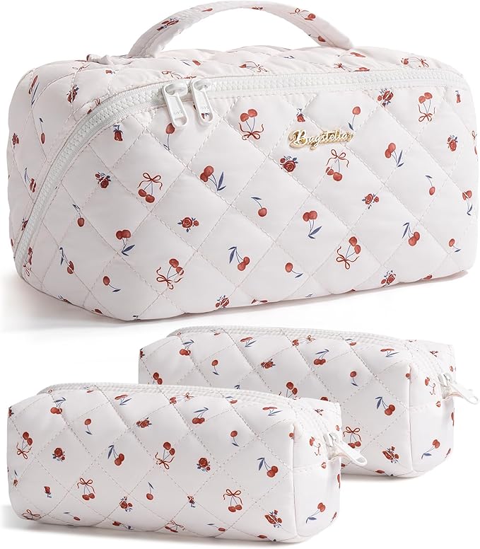 Travel Makeup Bag, 3 Pcs Large Capacity Puffy Toiletry Bag for Women, Open Flat Quilted Make up Cosmetic Organizer w/Handle & Clear Divider Water-resistant Portable Pouch Travel Essentials, L-Cherry