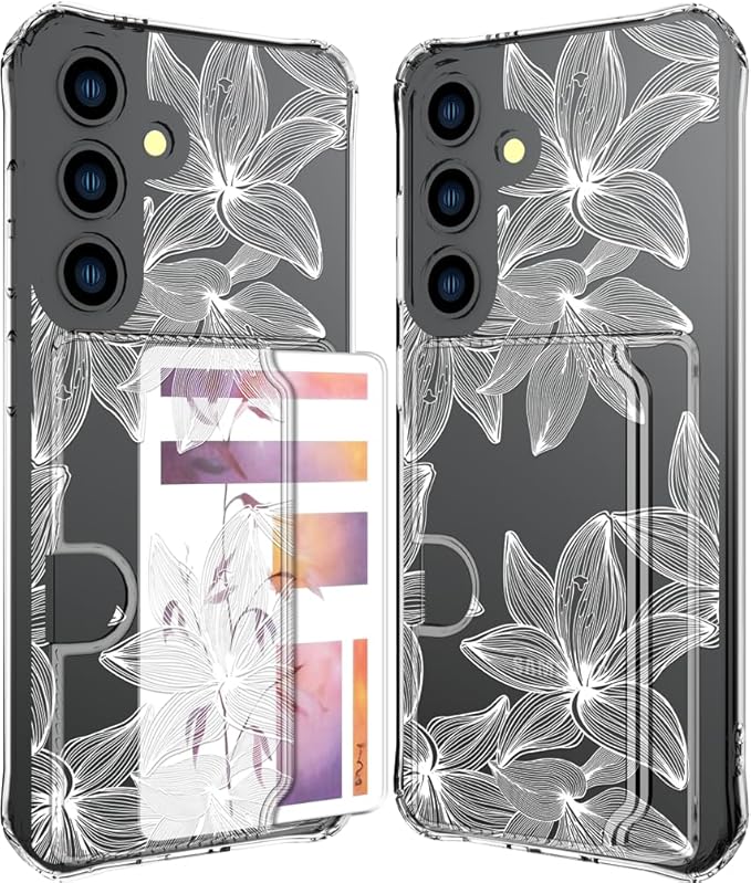 Compatible with Samsung Galaxy S24 / S25 Case Card Holder for Women Cute Design,Wallet Phone Cases Transparent Cool Kawaii Protective (Clear Flower White)