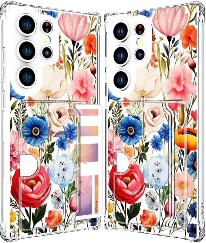 Compatible with Samsung Galaxy S24 Ultra Case Card Holder for Women Cute Design,Wallet Phone Cases Transparent Cool Kawaii Protective (Clear Flower Art Rose Peony)
