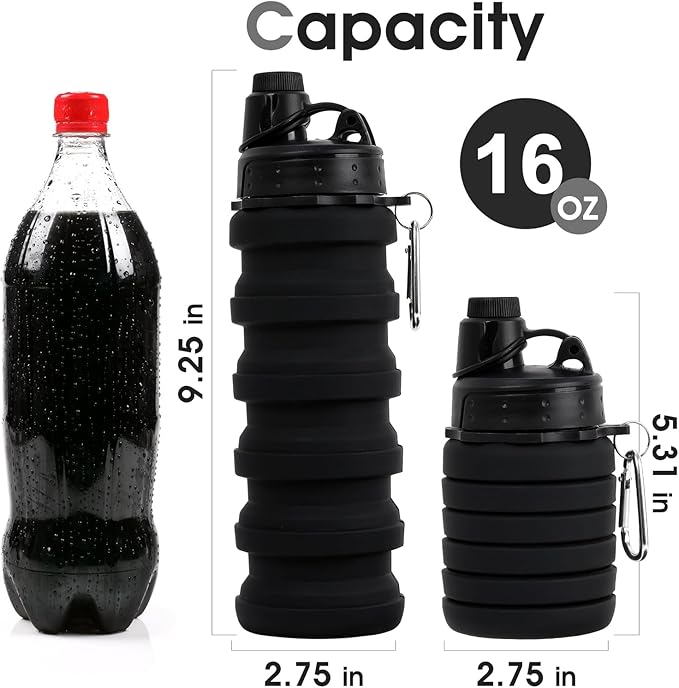 Collapsible Water Bottle for Adults, Boys, Students, Kids, Reusable Silicone Foldable Water Bottles for Travel Camping Hiking, Portable Sports Water Bottle, Black