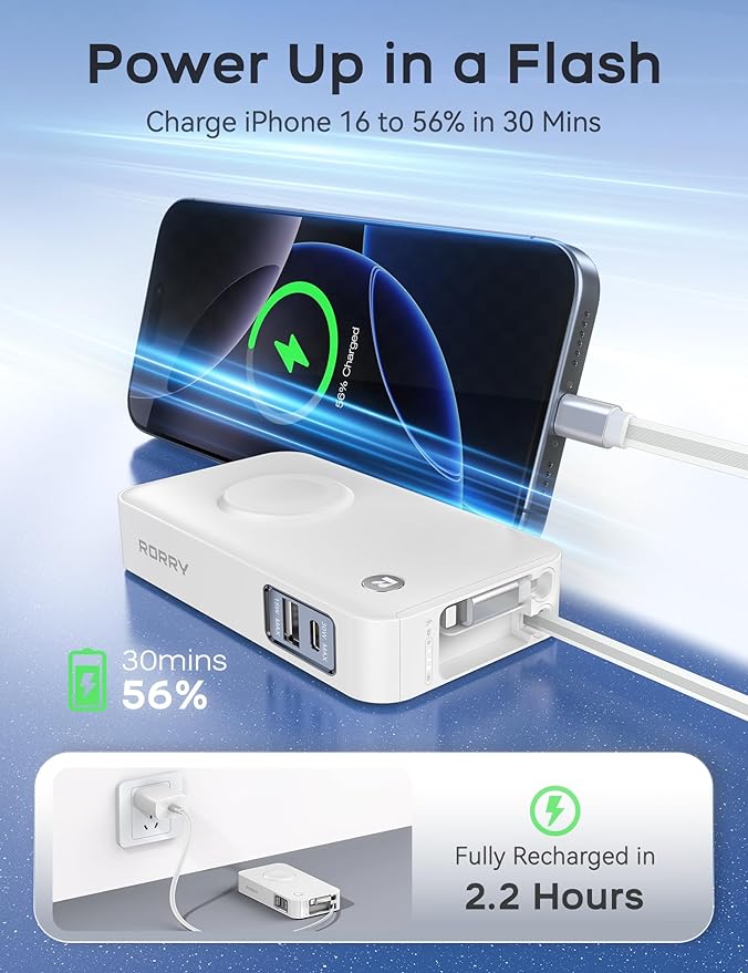 RORRY Portable Charger, 10,000mAh 30W Fast Charging Power Bank with Built-in Retractable Cables, Travel Battery Pack for iPhone 17/16/15/14/13/12, Apple Watch, iPad and More, White