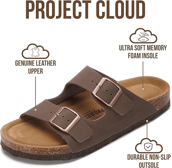 Project Cloud 100% Genuine Leather Flat Sandals For Women 2026 Cork Footbed Womens Sandals with Memory Foam and arch support Vacation Essentials Slides for Women Footwear (Venita)