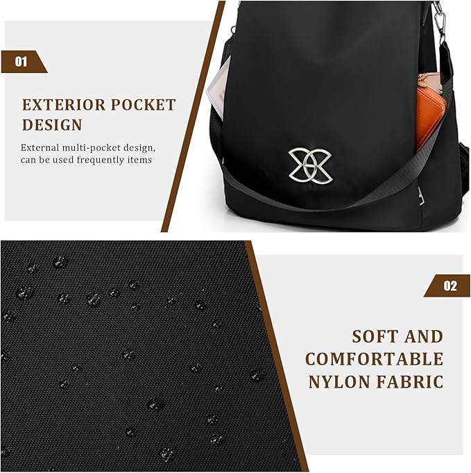 Anti-Theft Backpack for Women Brown Nylon Stylish Anti-Theft Bags for Women with Detachable Hook Lightweight Large Capacity Backpack for Travel Daily