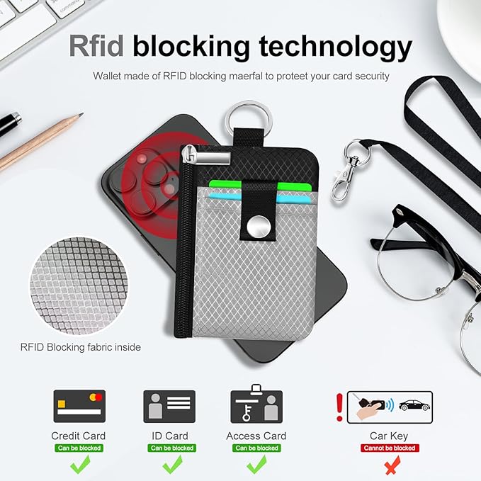 Minimalist RFID Blocking Small Wallet with ID Window,WaterResistant Zip Id Case Wallet with Lanyard Keychain for Cards,Cash,Travel,Women,Men (Light gray/Dark blue)