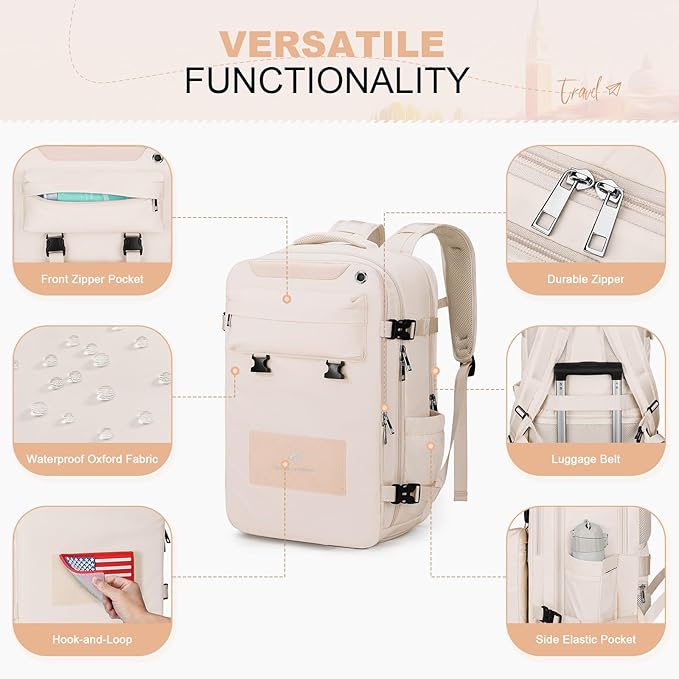 Maelstrom Travel Backpack for Women Men,25L Laptop Backpack Fits 15.6-Inch Laptop,Waterproof Carry On Backpack for Airplanes with Detachable Crossbody Bag & Shoe Compartment (Beige, Medium)