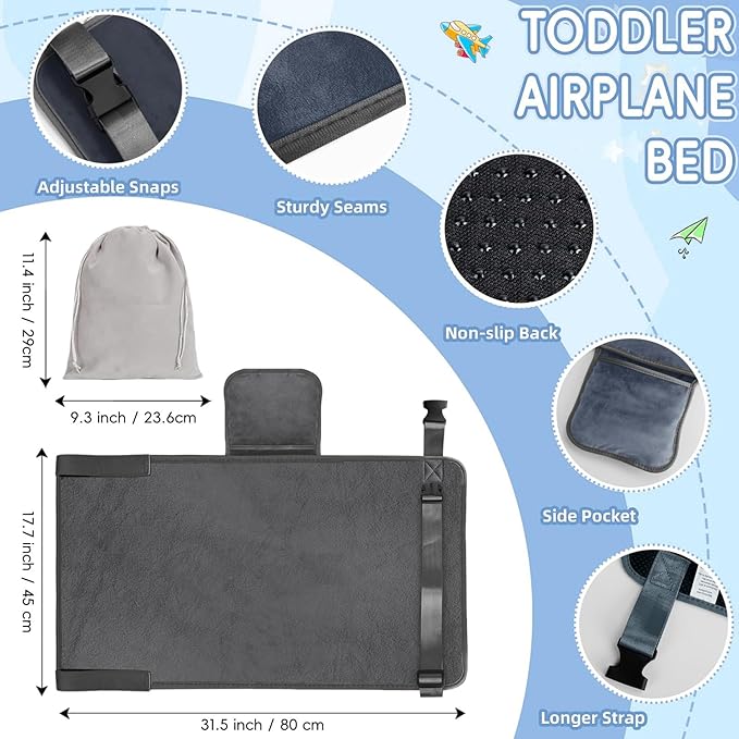 Airplane Bed, Toddler Airplane Bed, Seat Extender for Kids with Blanket – Portable Travel Sleeper with Plush Flannel & Storage Bag, Black, 31.5x18in