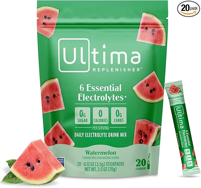 Ultima Replenisher Daily Electrolyte Powder – Watermelon, 20 Stickpacks – Zero Sugar Hydration Packets with 6 Electrolytes and Minerals – Sugar Free, Plant Based & Keto Friendly Drink Mix