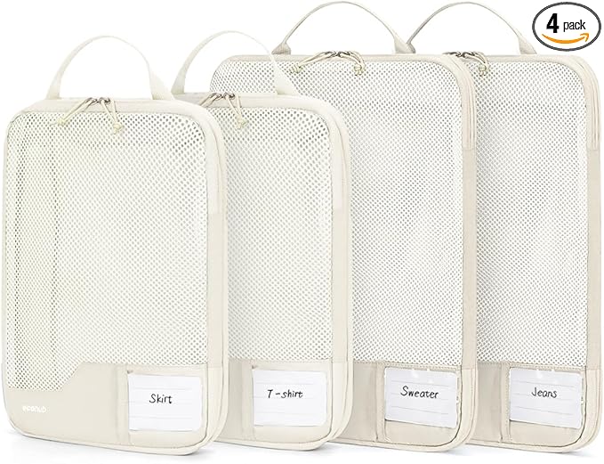ECOHUB 4 Set Compression Packing Cubes for Travel Essentials, Suitcases Organizer Bags with Tag, Travel Bags Organizer for Luggage, Beige-Compress