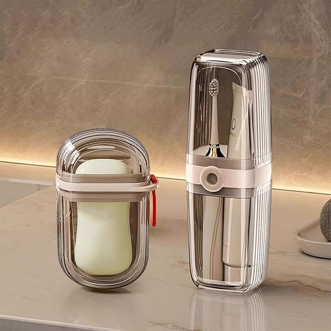 Toothbrush Travel Case & Travel Soap Holder Dish Tray Set of 2, Portable Clear Toothbrush Holders with Cover Leakproof Bar Soap Holder for Traveling School Camping Business Bathroom