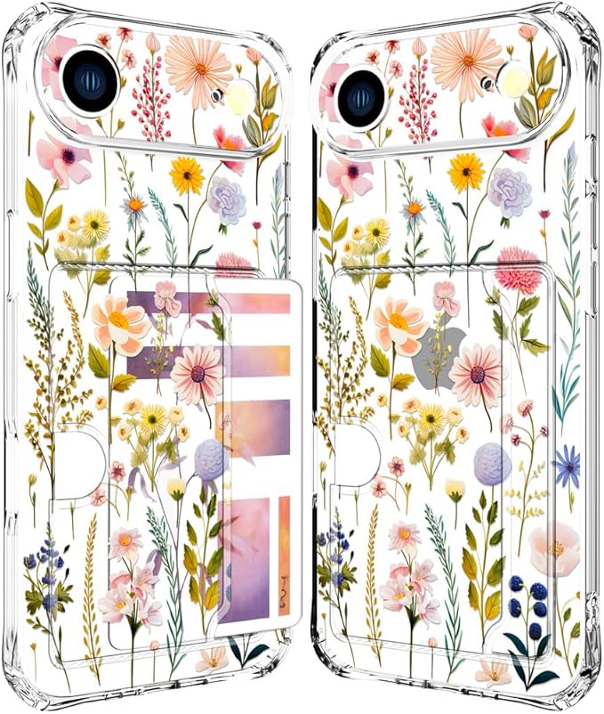 Compatible with iPhone 17 Air Case Card Holder for Women Cute Design,Wallet Phone Cases Transparent Cool Kawaii Protective (Clear Watercolor Floral)
