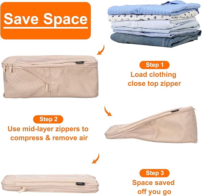 HARFINGTON Compression Packing Cube for Suitcases 34x26x13cm Lightweight Luggage Organizers Bag Travel Essentials Compression Bags for Carry on Suitcases, Beige