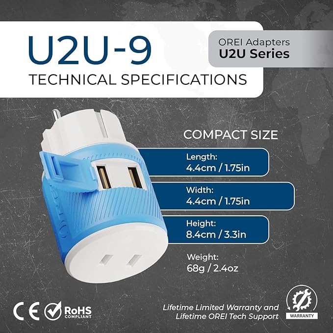 OREI Germany, France, Schuko Travel Plug Adapter with Dual USB - USA Input - Type E/F (U2U-9), Will Work with Cell Phones, Camera, Laptop, Tablets, iPad, iPhone and More
